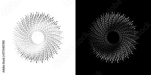 Dynamic abstract spiral sound wave rhythm lines. Circular spiral sound wave rhythm of lines. Circular futuristic abstract lines, black and white background.	