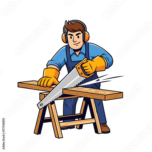 A cartoon man wearing safety gear and gloves is sawing a wooden plank on a sawhorse.