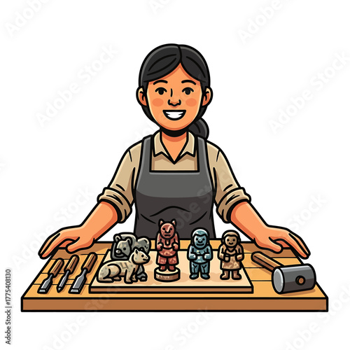 A smiling woman is working on wood carvings, showcasing her craft and artistry.