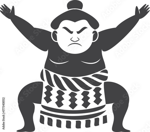 Angry sumo wrestler in traditional mawashi, crouching in a fighting stance.