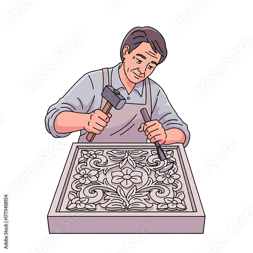 An artisan meticulously carves intricate floral patterns into a stone slab using a hammer and chisel.