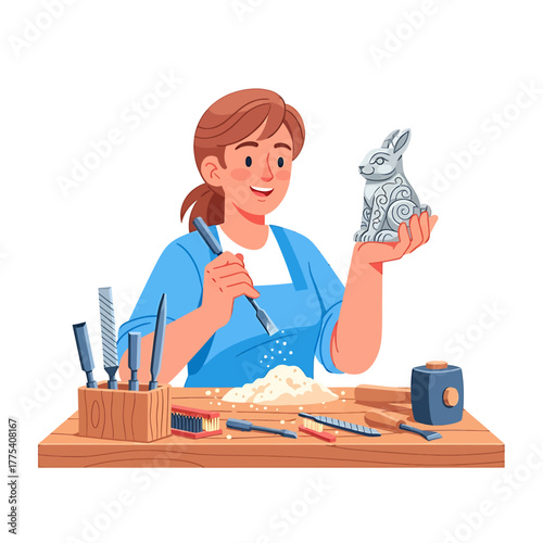 A smiling woman carves a detailed rabbit sculpture on a wooden workbench, surrounded by various carving tools and material shavings.