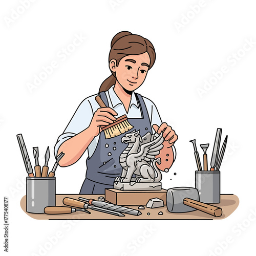 Woman sculpting a griffin statue with tools on a table, showcasing artistic craftsmanship.