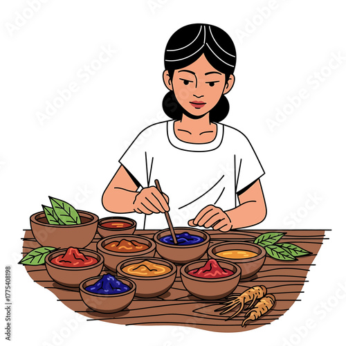 A woman mixing ingredients in bowls, likely for a craft project, with various colors.