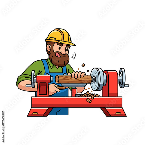 A bearded craftsman wearing a hard hat and overalls operates a wood lathe, shaping a log into a cylindrical form with wood shavings flying.