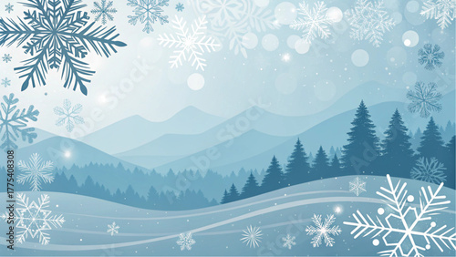 Winter landscape with snowflakes and evergreen trees in mountains