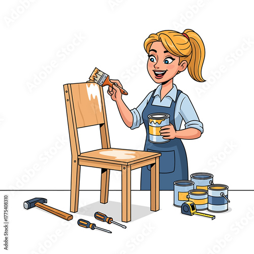 Cartoon woman in an apron happily painting a wooden chair as a DIY furniture restoration project.