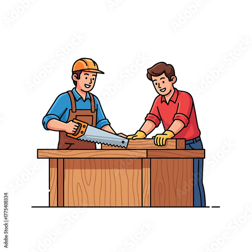 Two carpenters working together using a saw on a wooden table to cut a plank.