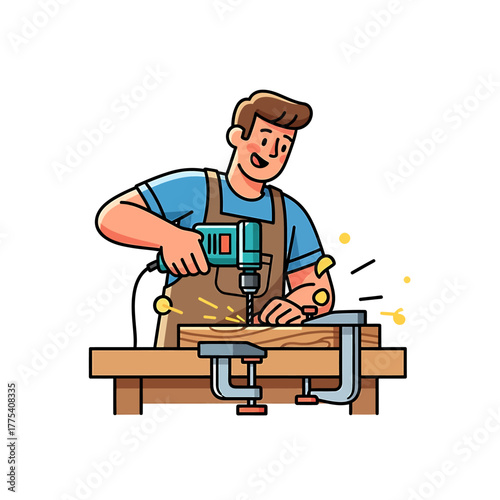 Cartoon illustration of a man drilling wood with a power drill.