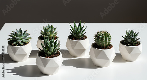 Collection of small succulent plants in geometric white pots