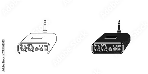 Two icons of an audio interface device with xlr and jack inputs, one outline and one solid black