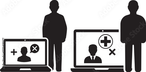 Two people and laptops with medical icons silhouette