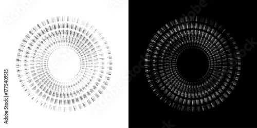 Dynamic abstract spiral sound wave rhythm lines. Circular spiral sound wave rhythm of lines. Circular futuristic abstract lines, black and white background.	