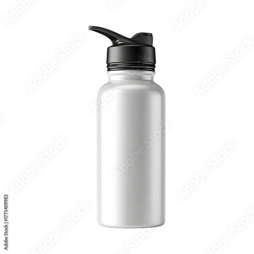 White metal water bottle with black lid isolated on transparent background