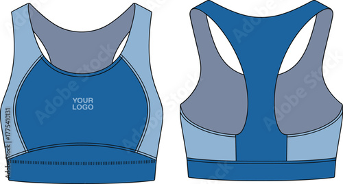 Women’s sports bra, racerback design, customizable logo placement, curved seam lines, wide