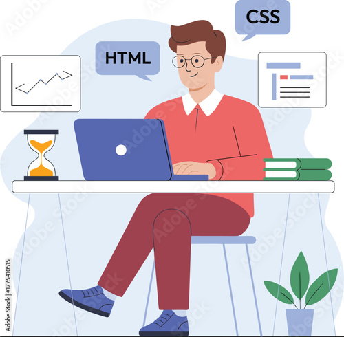 Web Developer Working on Laptop with HTML and CSS Code Illustration