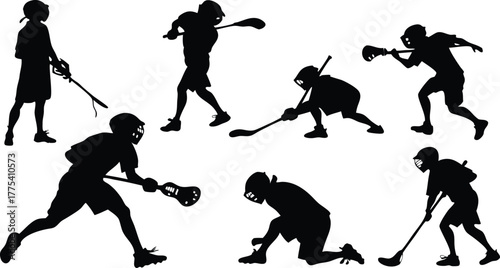 Dynamic lacrosse players in action silhouettes perfect for team branding, sports marketing, and competitive visuals that capture athleticism