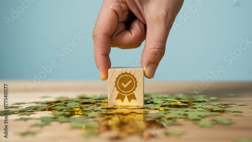 Hand holding wooden block with quality certification seal icon