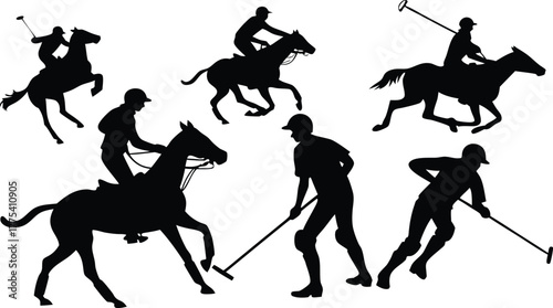 Dynamic polo players and horses in action silhouette, equestrian sport illustration, intense competition, perfect for sports branding and designs