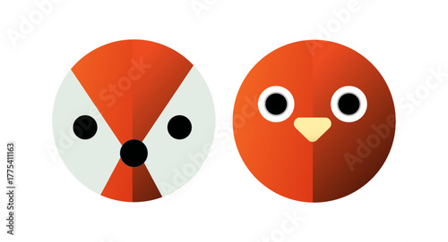 Stylish flat vector illustration featuring simple fox and bird faces with round geometric shapes and bright orange tones. Modern minimalist animal icon design ideal for branding, educational content.