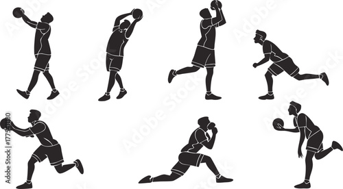 Dynamic silhouettes capturing the energy of volleyball players in action, a versatile visual for sports, fitness, and teamwork concepts created as vector art