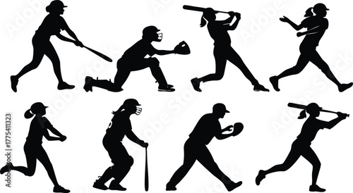 Dynamic female softball team silhouettes in action poses showcasing strength, agility, and teamwork for sports marketing or athletic design projects