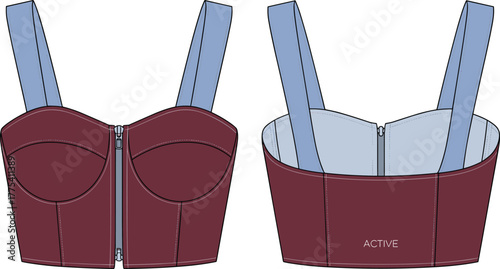 Women’s cropped bustier top, activewear design, zipper front closure, structured cups, wide