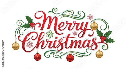 Elegant Merry Christmas wishes with snow-covered text, ornaments, and holly berries for holiday greeting cards and festive invitations this winter season