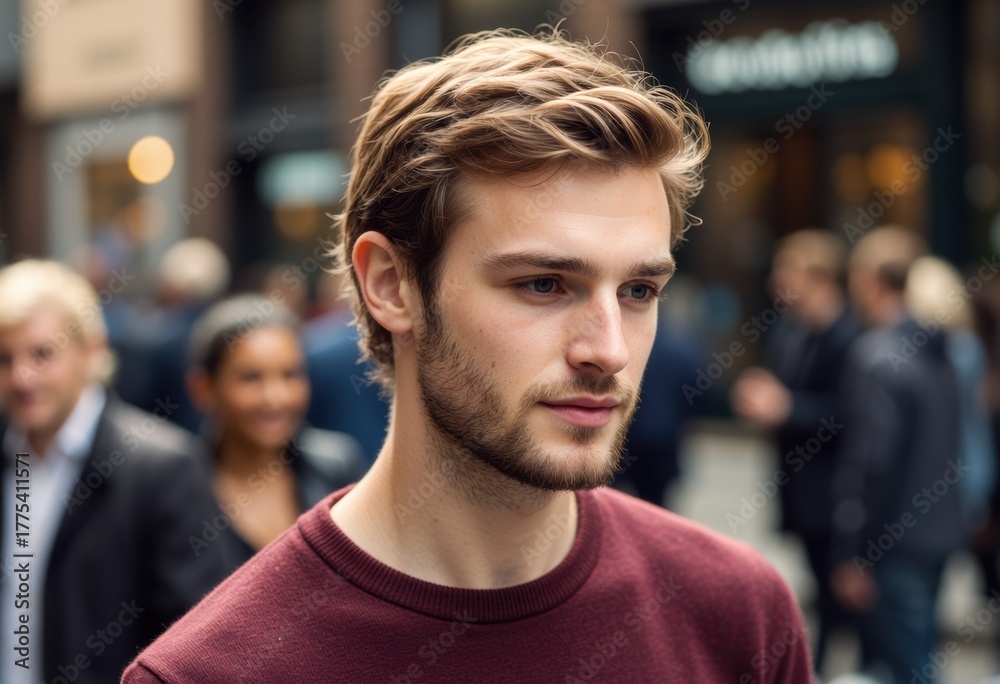 Obraz premium Thoughtful young man with a beard, captured in an urban setting