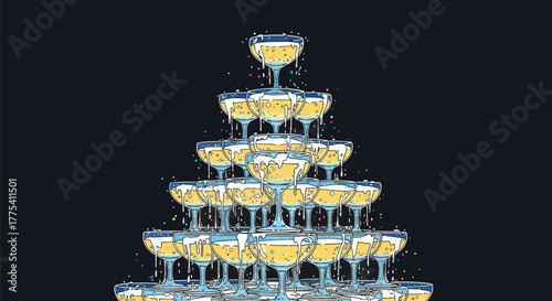 Celebrate success with a whimsical champagne tower illustration for invitations, posters, or celebratory designs perfect for festive occasions