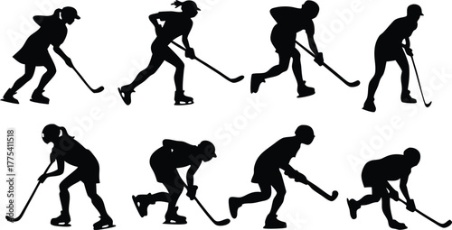 Dynamic collection of hockey player silhouettes showcasing skill and movement, perfect for sports marketing and design projects with a touch of athleticism