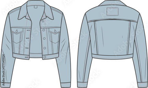 Cropped denim jacket, women’s fashion design, button front closure, chest flap pockets, seam