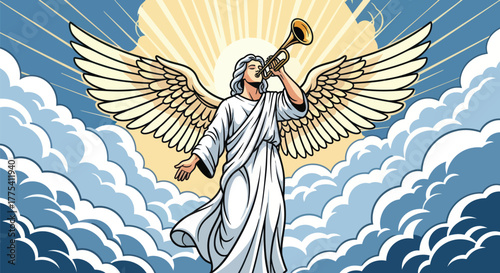 Majestic angel blowing trumpet in a heavenly sky, beautiful wings spread wide, radiating divine light, perfect for religious art or spiritual themes