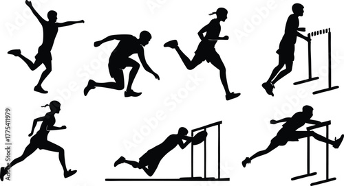 Dynamic silhouette showing track and field athletes competing in races, hurdles, and sprints, perfect for sports marketing and fitness campaigns