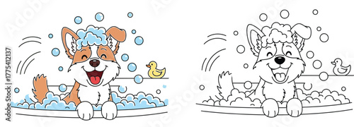 Cheerful Corgi Puppy Bath Time - Cute Dog Splashing in Bubbles with Rubber Duck