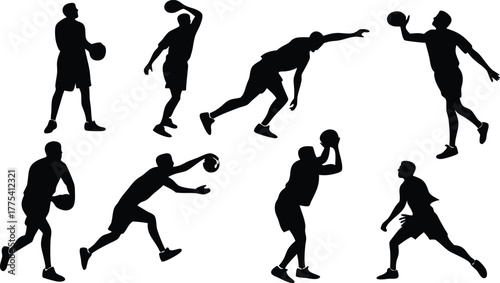 Dynamic basketball players in action silhouettes for sports design projects or athletic team branding, showing energy and skill on the court with powerful poses