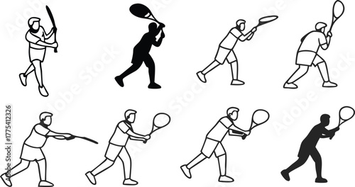 Dynamic tennis player silhouettes in action poses for sports branding and athletic designs, illustrating movement and energy in tennis matches