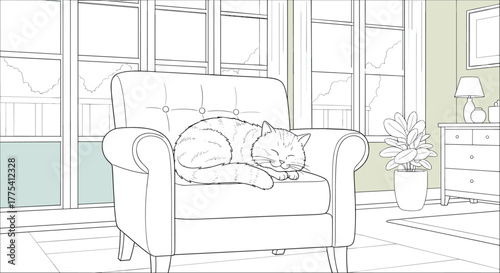 Sleeping cat on armchair, cozy room interior, window view, indoor plant, dresser with lamp, peaceful home, cad drawing flat vector illustration