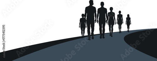Silhouette people walking, curved path, family group, unity journey, minimal design, flat vector, cad drawing, modern illustration, symbolic movement