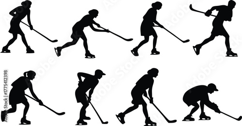 Dynamic hockey players in action silhouette, strong athletic woman on ice, modern competitive sport, powerful skating motions, originally vector