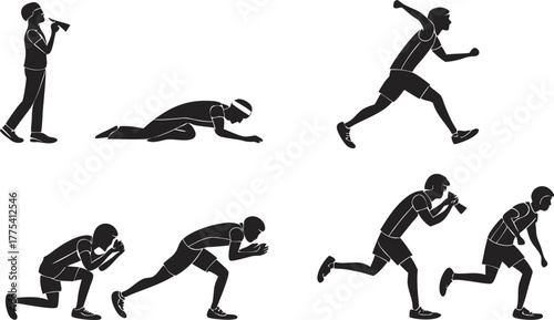 Dynamic runner silhouette set for sports branding, athletic wear, or fitness promotions demonstrating motion, speed, and training progress