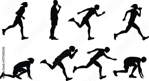Dynamic silhouette collection showcasing running stages, from start to finish line, ideal for fitness, sports, and marathon designs with this scalable vector art