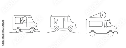 Three distinct ice cream truck designs side by side line drawings