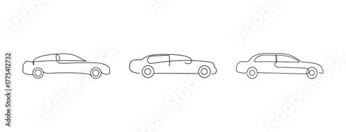 Three stylized line art cars showcasing different vehicle designs