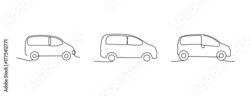 Three hand drawn minivan views line art sketch of family car