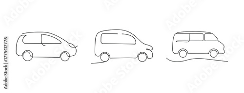 Three different minivan line drawings for transport and travel concepts