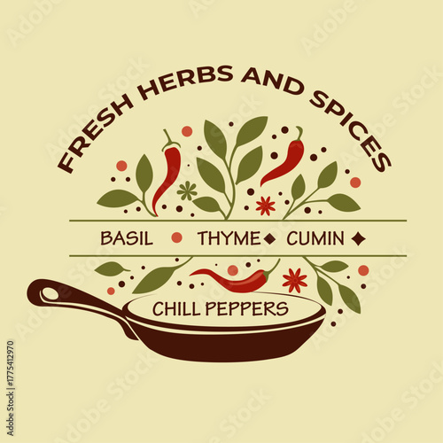 Fresh herbs and spices illustration with pan and colorful leaves  