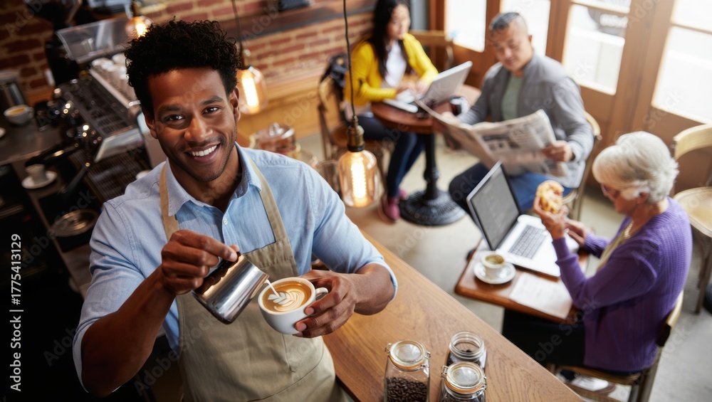 Fototapeta premium Barista preparing a latte in a cozy café setting with customers enjoying
