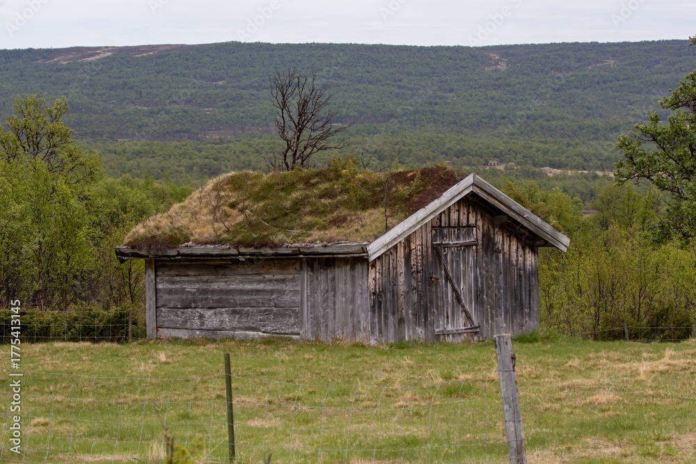 Obraz premium Small barn in meadows in Bruksvallarna, Harjedalen, Sweden.