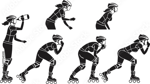 Dynamic inline skater progression sequence showing athletic woman drinking water, gearing up and skating, perfect for sports, fitness, and lifestyle concepts